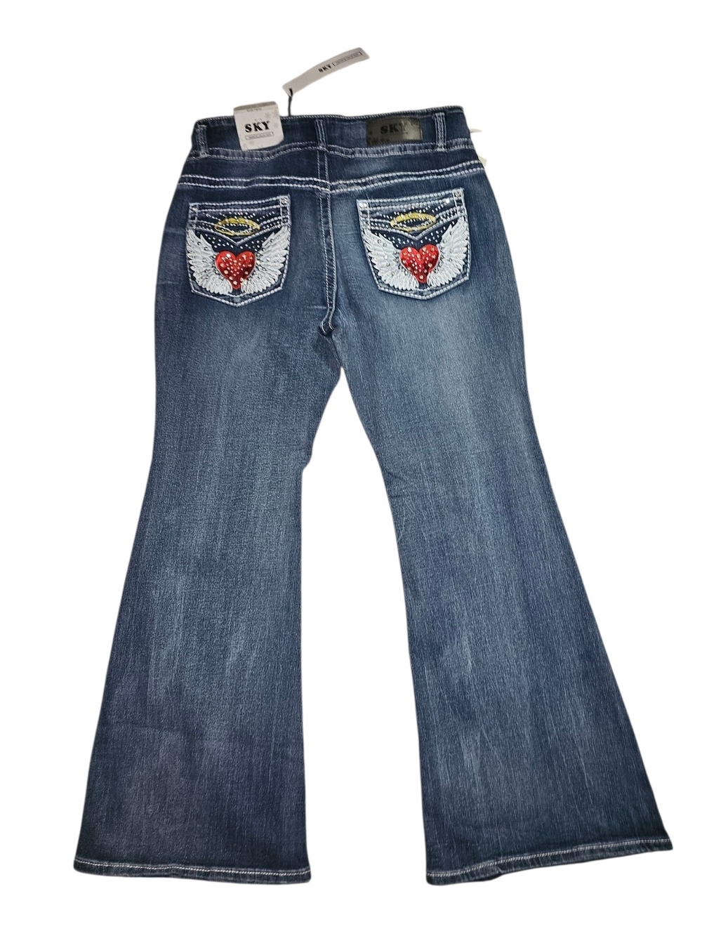 Sky Dark Blue Flared Jeans with Red Heart & Wing Pocket Embroidery